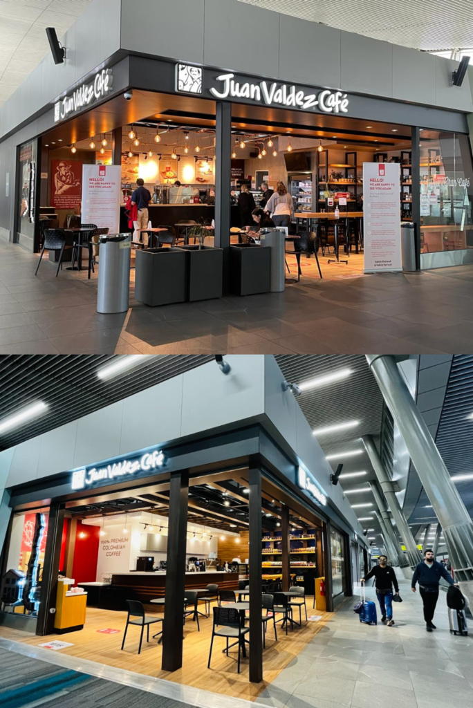 dos fotos de tiendas de café Juan Valdez en el aeropuerto