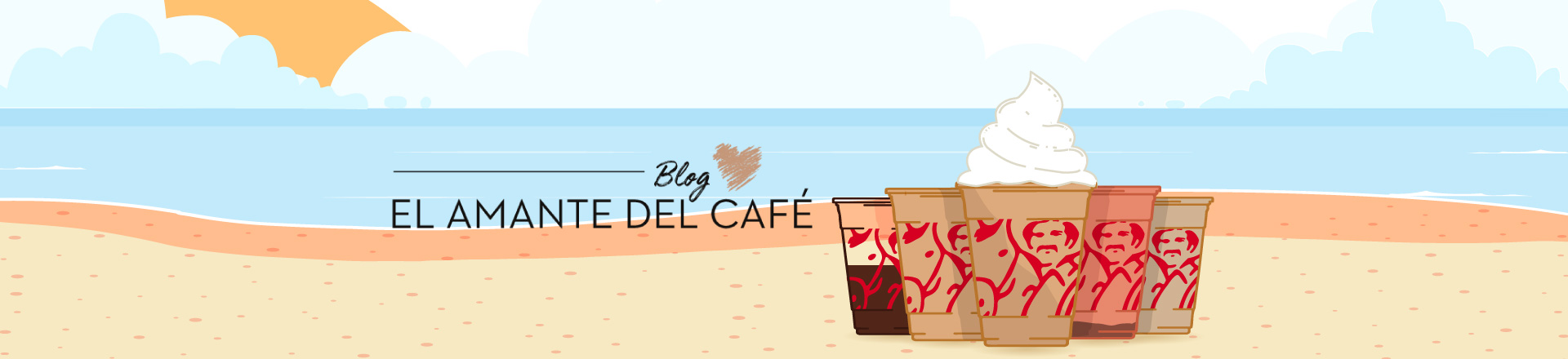 ilustración de diferentes bebidas de café con el logo de Juan Valdez en un fondo que simula una playa y el logo del blog del amante del café